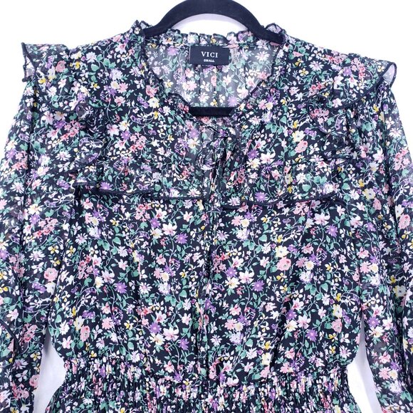 Vici Mini Dress Size S Multicolor Floral Long Sleeve Boho Festival Ruffle - Picture 8 of 16